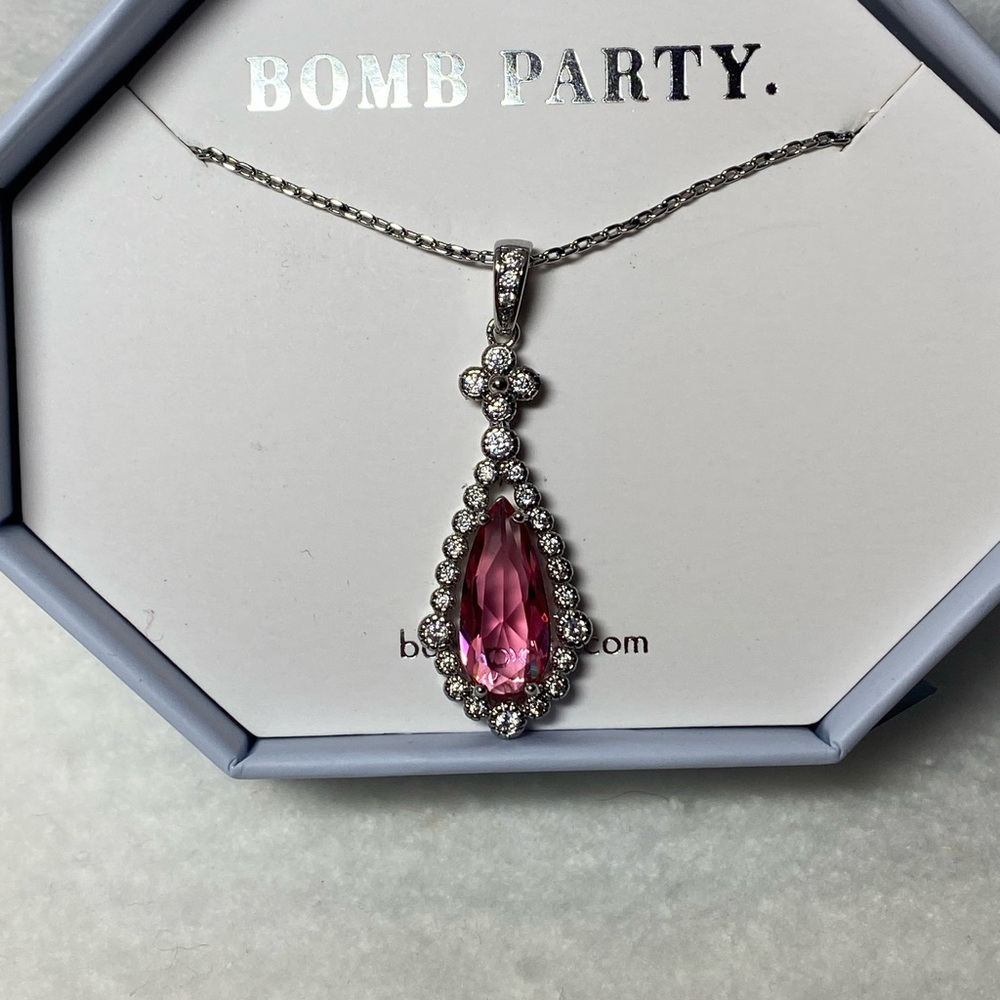 Bomb Party Pink Teardrop Necklace with Silver Accents